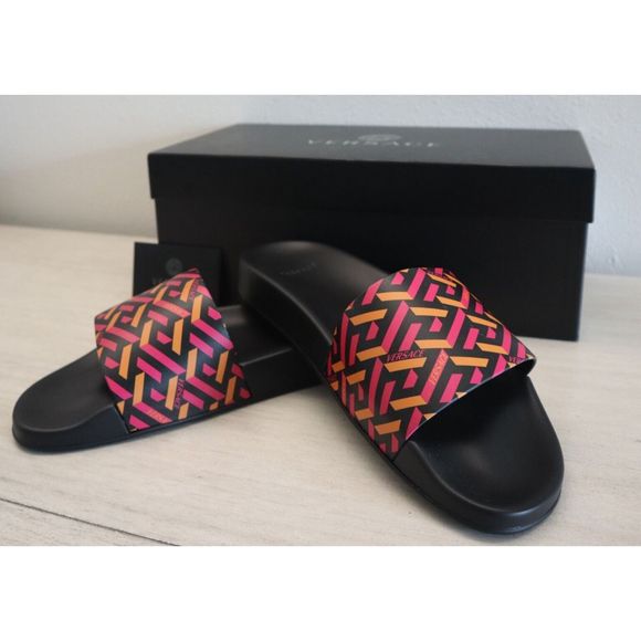 Versace Men's Sz 45 US 12 Magenta/Tangerine Gomma Stampa Slide Sandals $450 - Picture 4 of 7